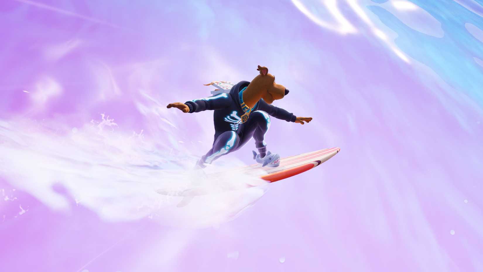 Scooby Doo surfea una ola en Fortnite.
