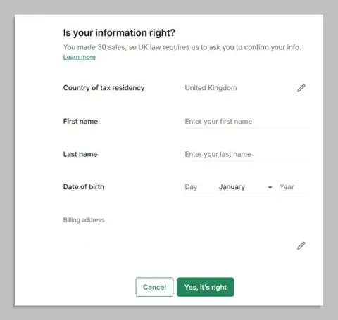 Vinted ¿Captura de pantalla de un mensaje en Vinted que dice que tu información es correcta? Ha realizado 30 ventas, por lo que la ley del Reino Unido nos exige que le solicitemos que confirme su información. Obtenga más información. País de residencia fiscal, nombre, apellido, fecha de nacimiento, dirección de facturación. Hay dos botones de cancelar y sí, está bien.