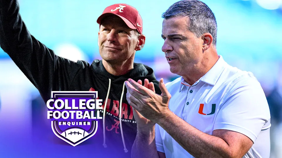 El entrenador en jefe de Alabama, Kalen Deboer, y el entrenador en jefe de Miami, Mario Cristóbal. Foto de Doug Murray/Icon Sportswire vía Getty Images Foto de Michael Chang/Getty Images