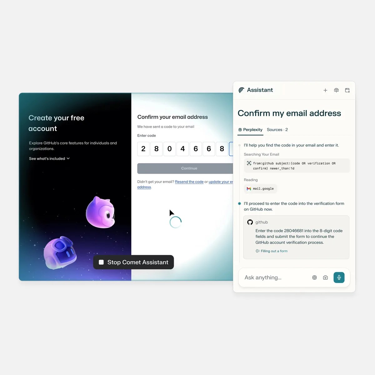 Captura de pantalla de la página de verificación de correo electrónico de GitHub con la interfaz Comet Assistant AI que muestra la recuperación de código y la entrada automática.