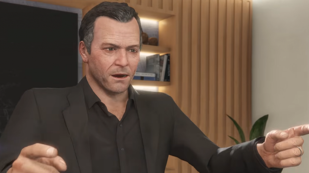 Un senior Michael De Santa apunta con ambas manos a la cámara como parte de la nueva actualización de GTA Online.