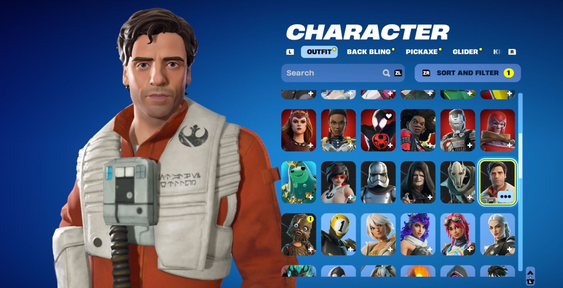 Menú de selección de personajes de Fortnite que muestra a Poe Dameron junto a una serie de íconos.