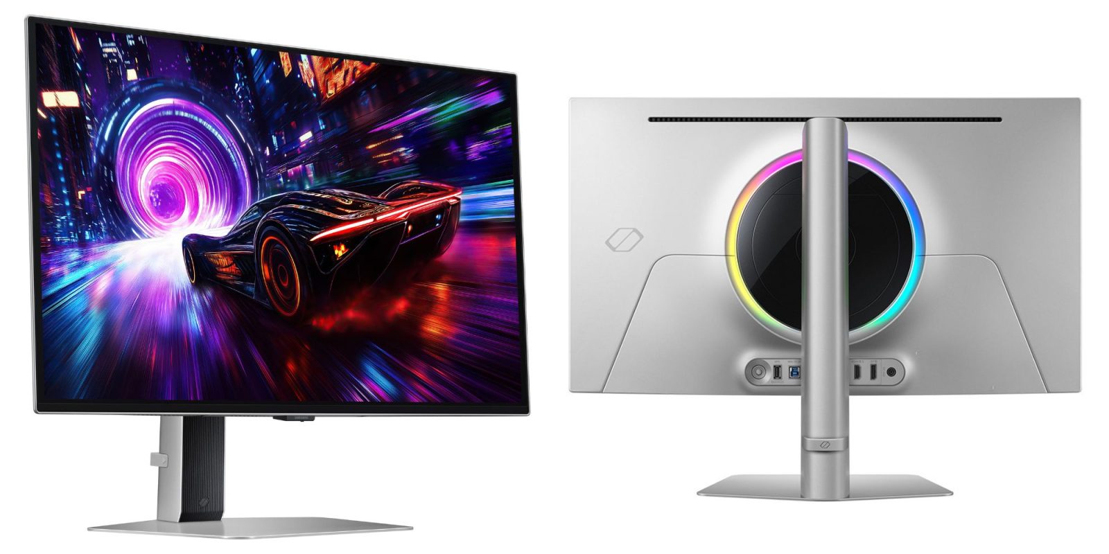 Imagen que muestra renderizados del monitor de juegos Odyssey de Samsung en blanco.