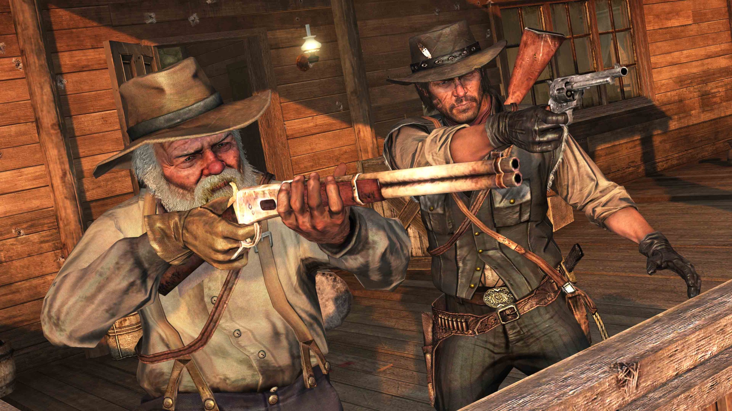 Captura de pantalla de Red Dead Redemption que muestra a dos hombres vestidos de vaquero empuñando escopetas.