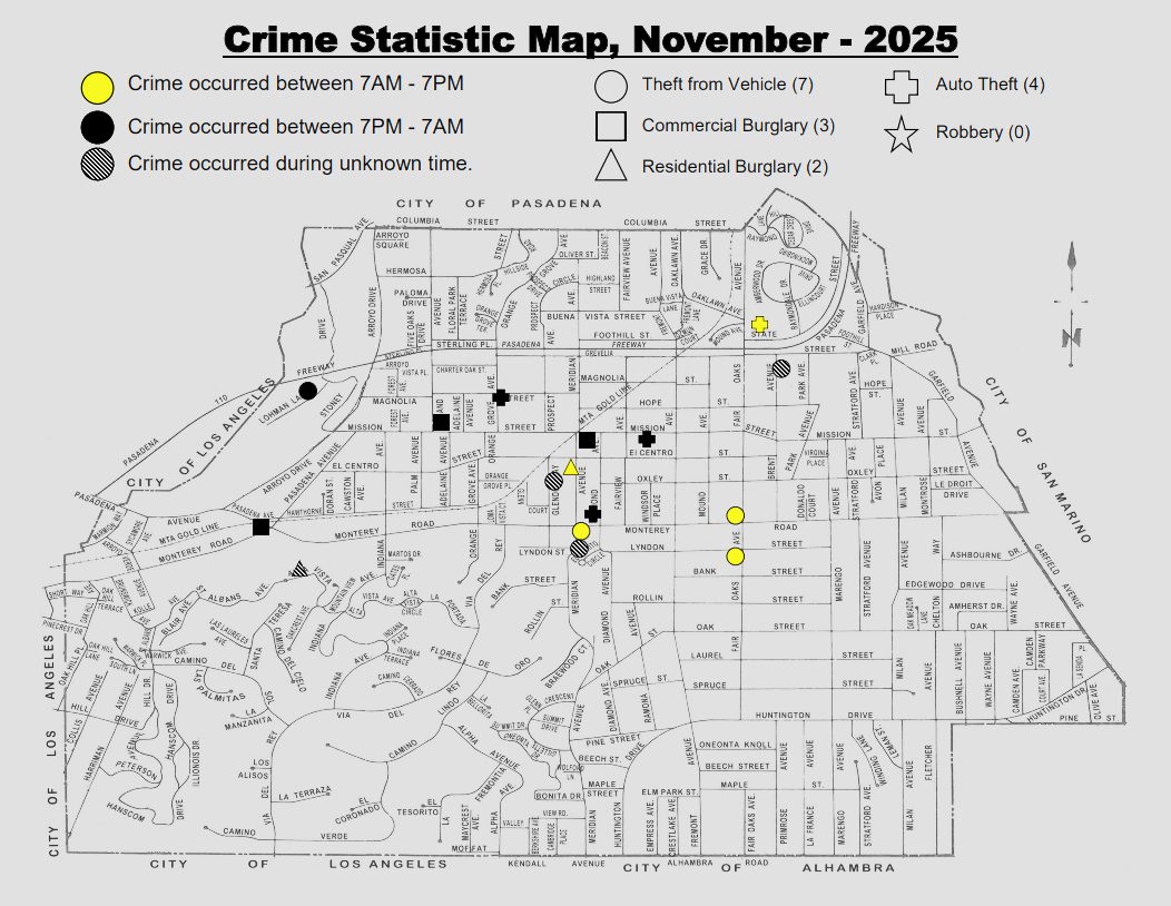 | Pasadena del Sur | Noticias del sur de Pasadena FOTO: SPPD | Pasadena del Sur | Mapa de estadísticas delictivas de noviembre de 2025