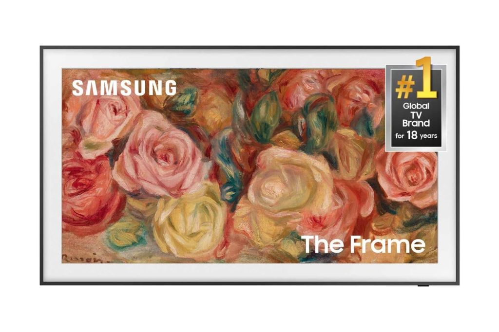 Un Samsung Frame TV con una escena de flores en su pantalla