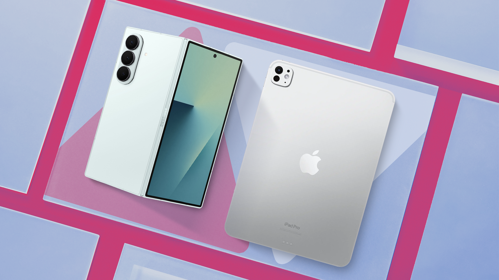 Samsung Galaxy Z Fold 7 y junto al Apple iPad Pro, colocados sobre un fondo geométrico moderno.