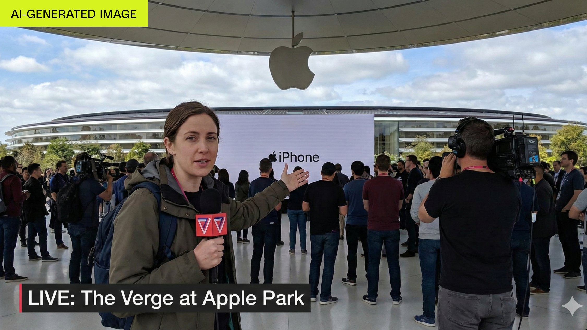 Imagen AI de un periodista en el Apple Park