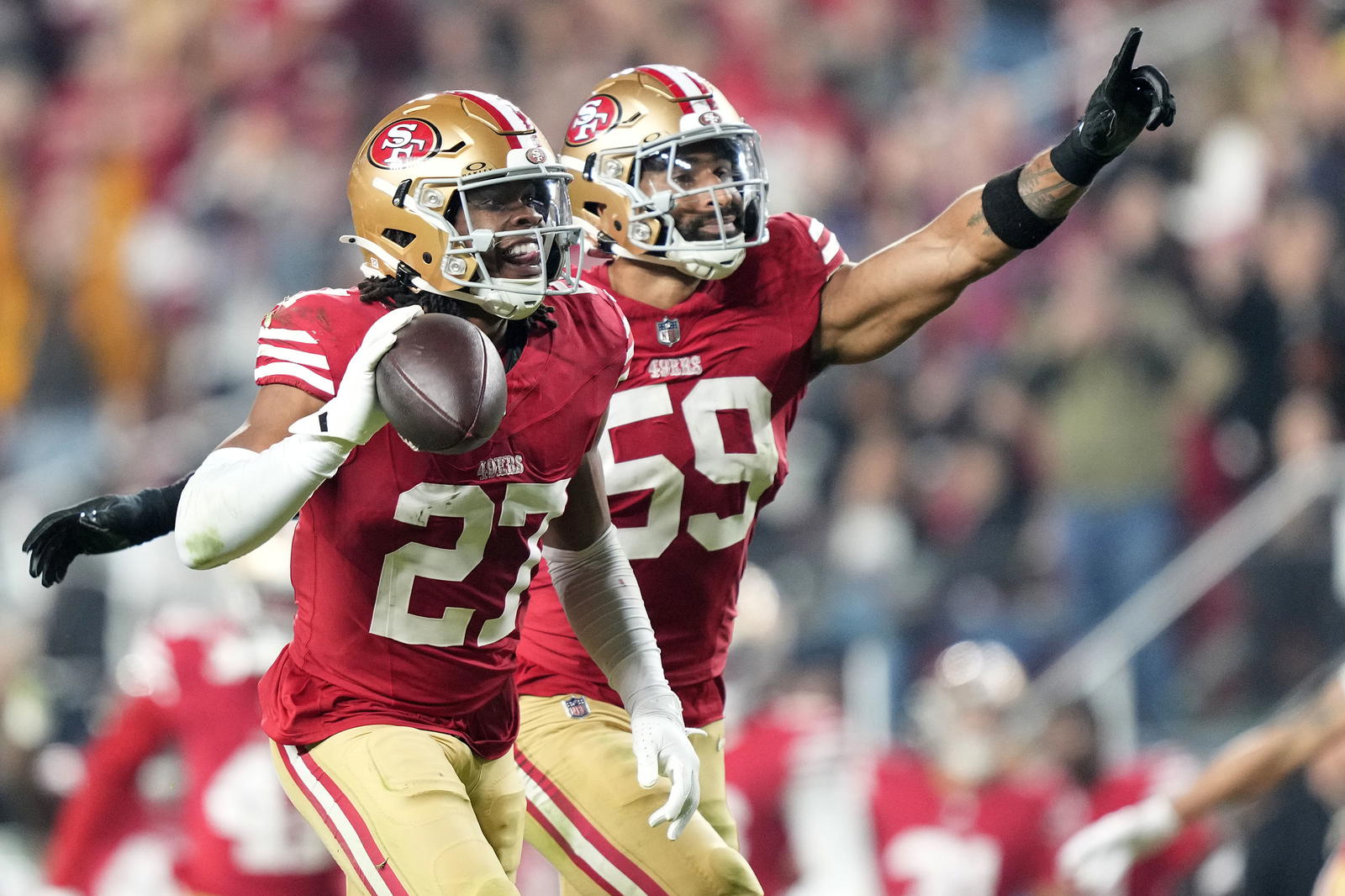 San Francisco 49ers safety Ji'Ayir Brown (27) reacts after an interception against the Carolina Panthers during the first half at Levi's Stadium. <br />Kyle Terada-Imagen Imágenes»/></p>
<p>La reciente derrota de Los Angeles Rams ante los Carolina Panthers puede haber sido simplemente una aberración, pero resalta la vulnerabilidad de cada uno de sus contendientes en la NFC.</p>
<p>Kurtenbach admite que lograr el primer puesto no está totalmente bajo el control del equipo. Los Niners necesitarán mucha ayuda incluso si logran derrotar a tres contendientes consecutivos a los playoffs en Indianápolis, Seattle y Chicago. Kurtenbach continuó con su razonamiento.</p>
<p>«Los Packers tienen que perder de nuevo. Los Eagles tienen que perder de nuevo. Los Seahawks tienen que vencer a los Rams el 18 de diciembre.</p>
<p>¿Es eso extravagante? ¿Has visto a los Philadelphia Eagles últimamente? Son los reyes del mal ambiente de la NFL, un equipo al que parece no gustarle jugar buen fútbol casi tanto como no se gustan entre sí. ¿Preferirías apostar a que ellos controlen la mesa o a que exploten en una nube de peleas a gritos?</p>
<p>Hay un camino difícil por delante para los Niners, quienes fácilmente podrían terminar 1-2 contra sus tres oponentes más duros y caer firmemente al sótano del panorama de los playoffs de la NFC, o peor, ser barridos por los Detroit Lions 8-5. De todos modos, hay varias posibilidades de playoffs para el equipo. Todo comienza con los Tennessee Titans después de la semana de descanso.</p>
<p><mark/><mark/><mark/><mark/><mark/><mark/><mark/><mark/><mark/></div>
	</div><!-- .entry-content -->

	
	<footer class=