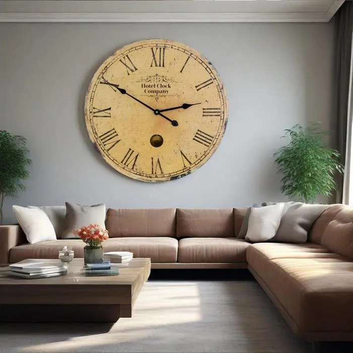 Gran reloj vintage en la pared del salón encima de un sofá beige, con plantas y una mesa de café de madera delante
