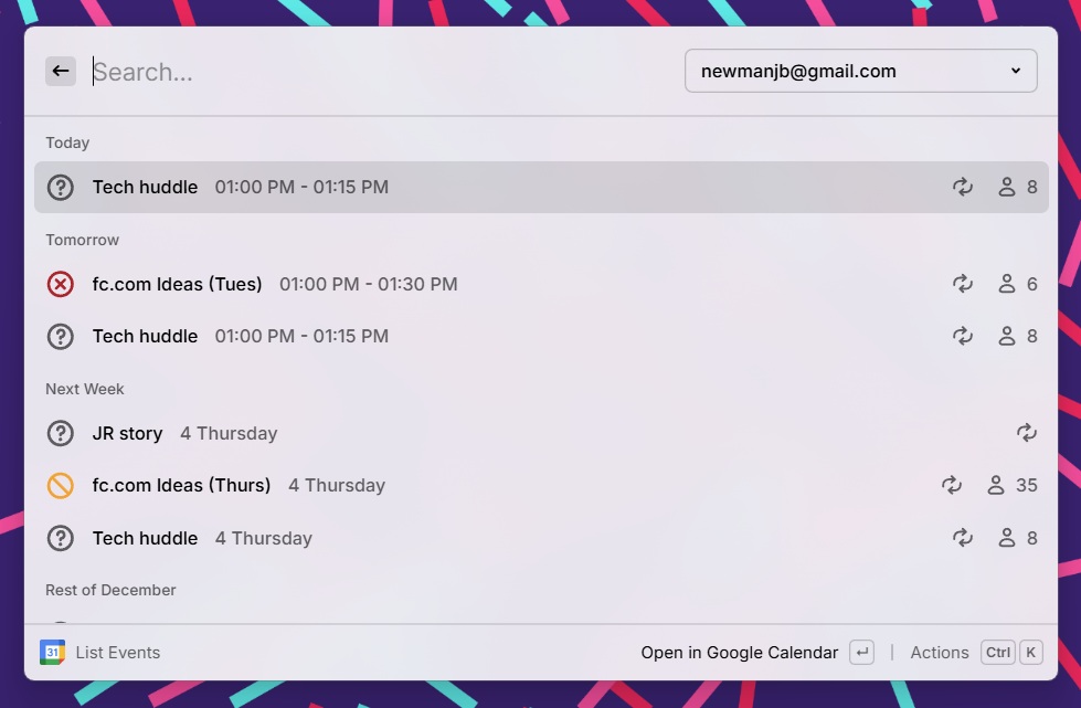 Extensión Raycast Google Calendar