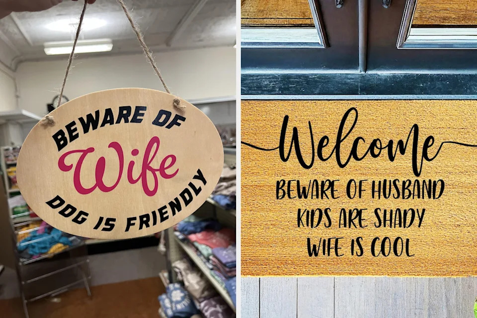 Dos carteles: la izquierda advierte de la mujer con un perro amigable, la derecha da la bienvenida a una mujer tranquila, a los niños sombríos y al hombre cauteloso.