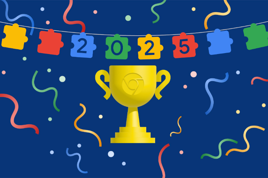 Ilustración con el logo de Google Chrome sobre un trofeo y un pimiento que dice 2025.