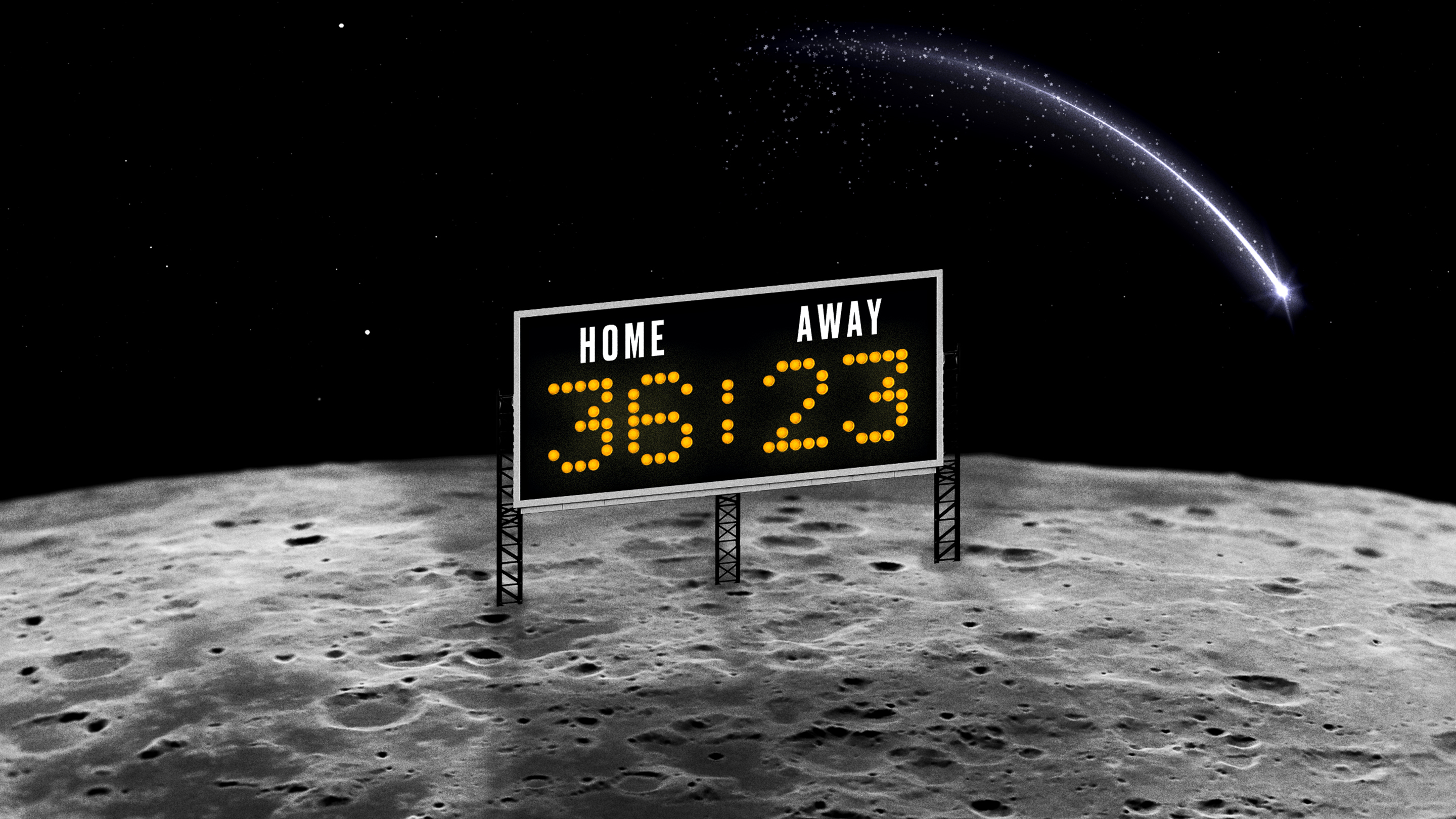 Ilustración de un marcador de fútbol que muestra 36–23, en la superficie de la luna.