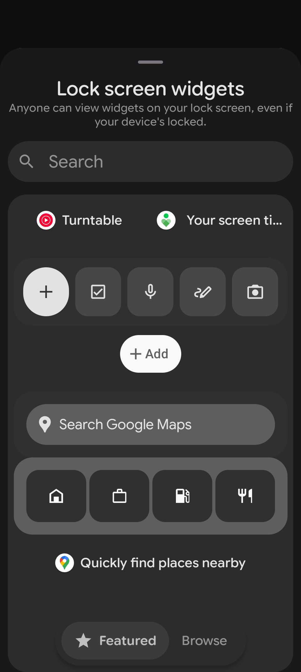 Menú de widgets de la pantalla de bloqueo de píxeles que muestra la barra de búsqueda y las opciones de widgets disponibles