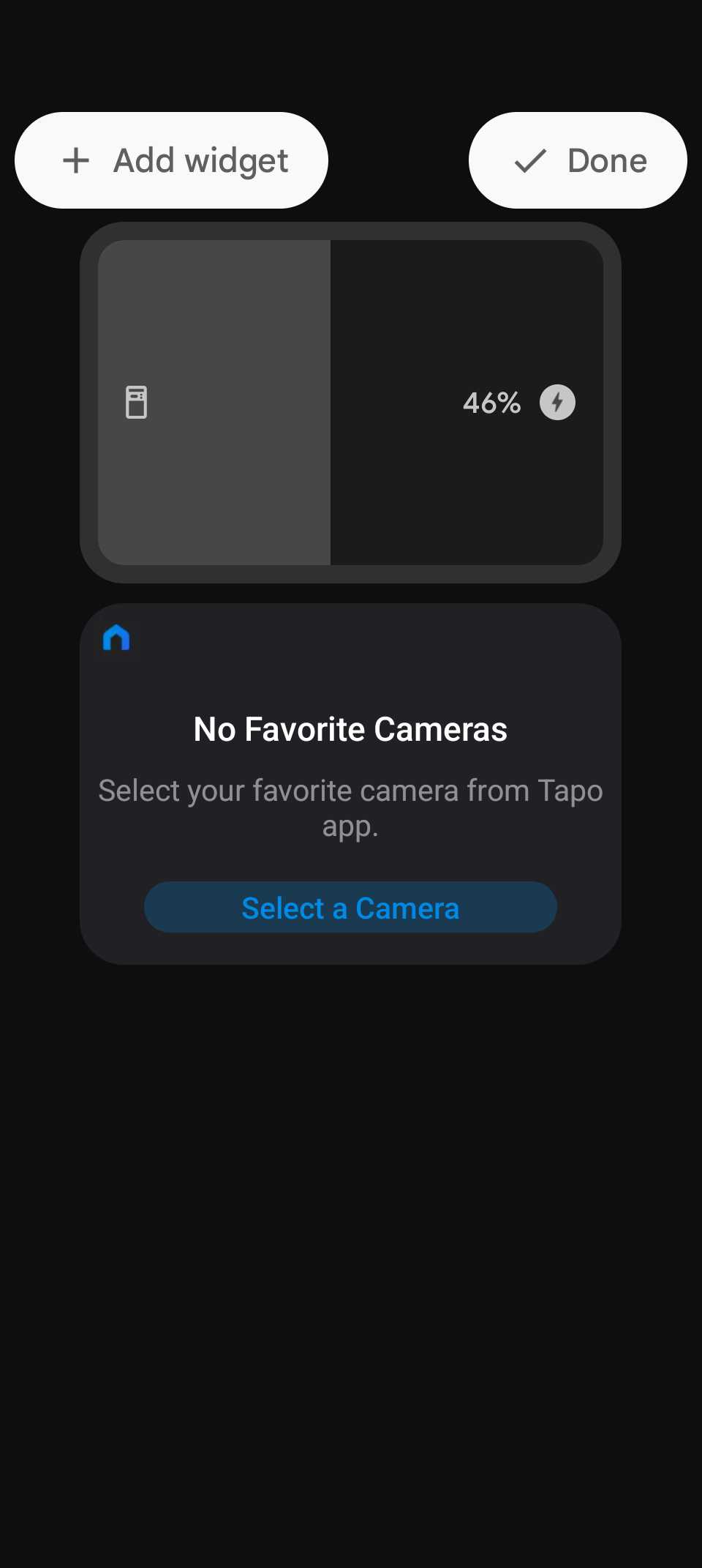 Se agregó una pantalla de widget que muestra la vista previa del widget de batería y el mensaje de la cámara Tapo.