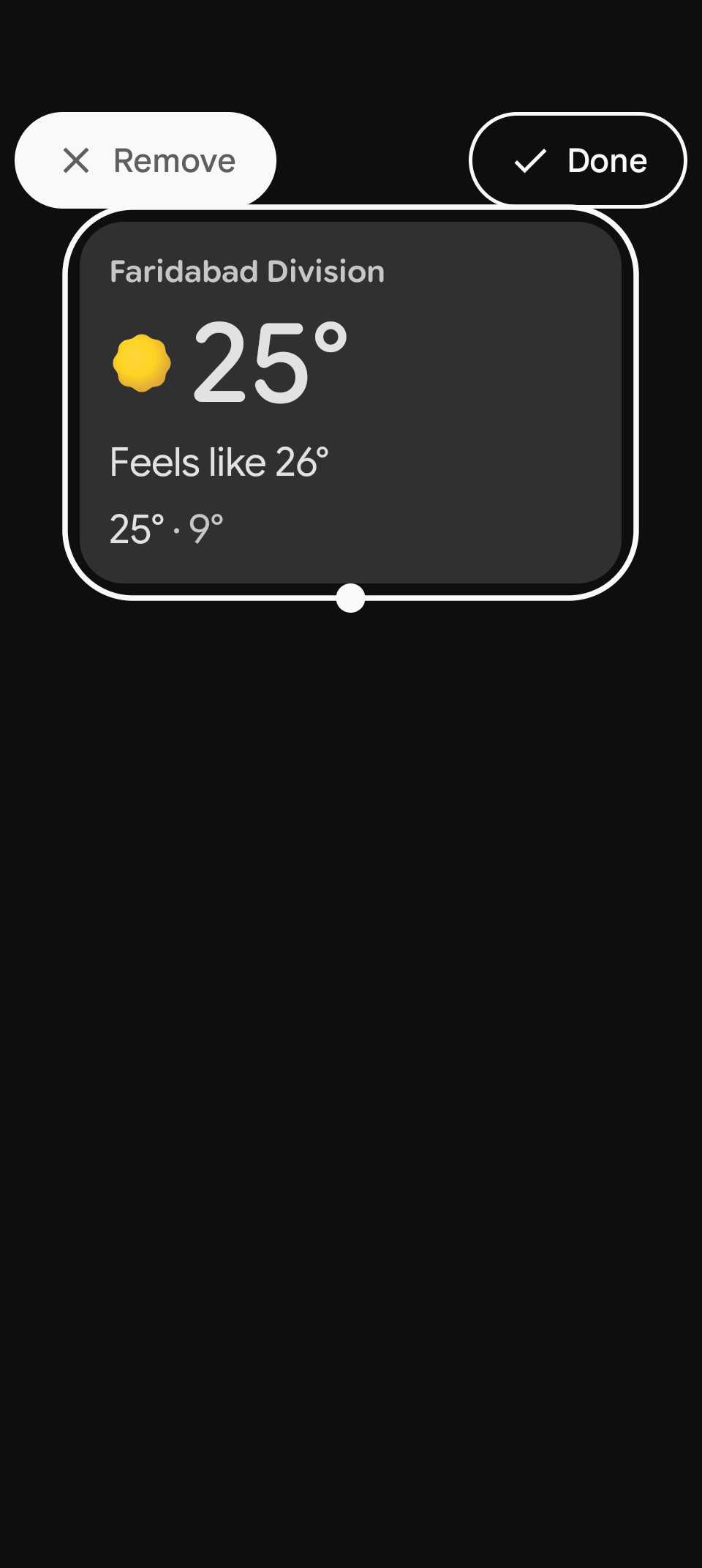 Pantalla de edición del widget meteorológico con los botones Eliminar y Finalizar resaltados