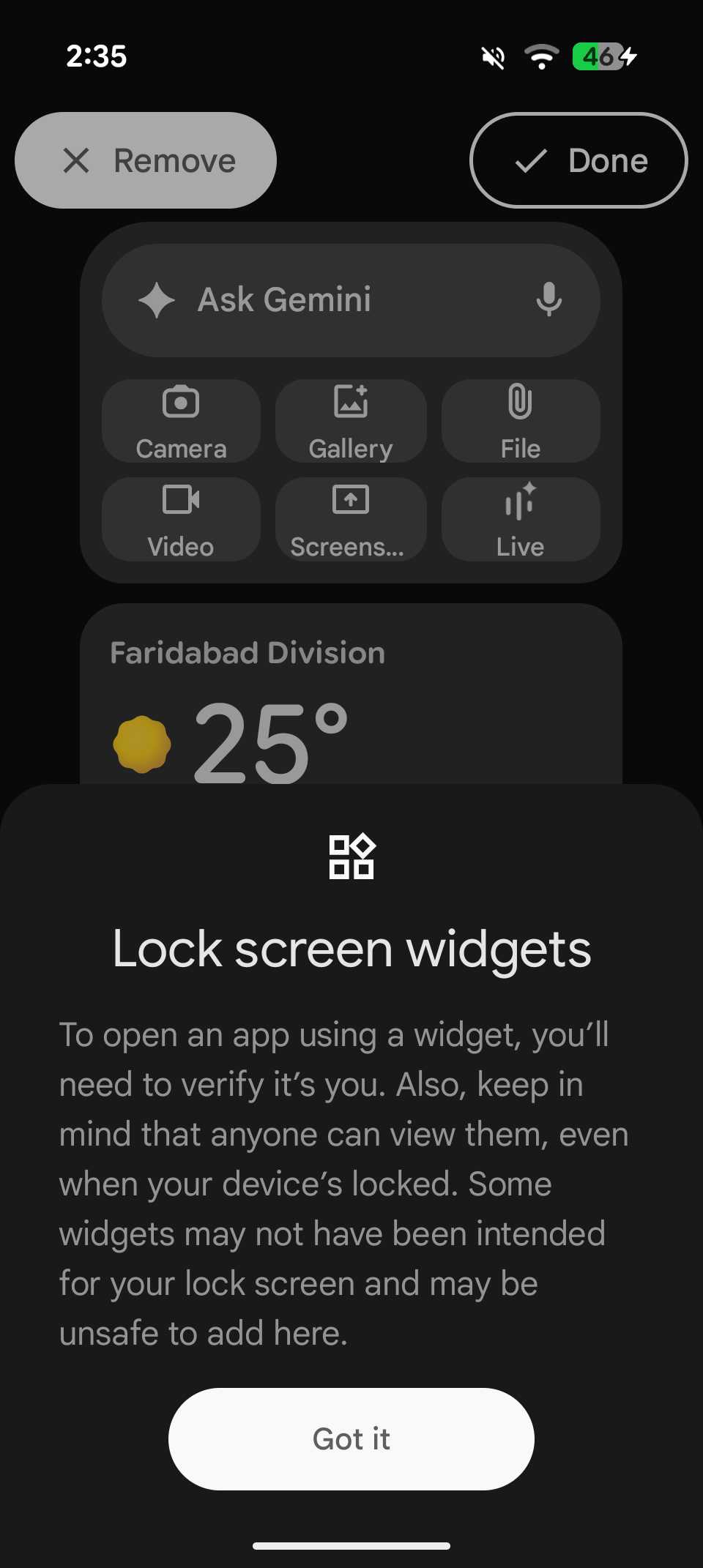 Ventana emergente de advertencia sobre los widgets de la pantalla de bloqueo que explica la visibilidad de los widgets y las notas de seguridad