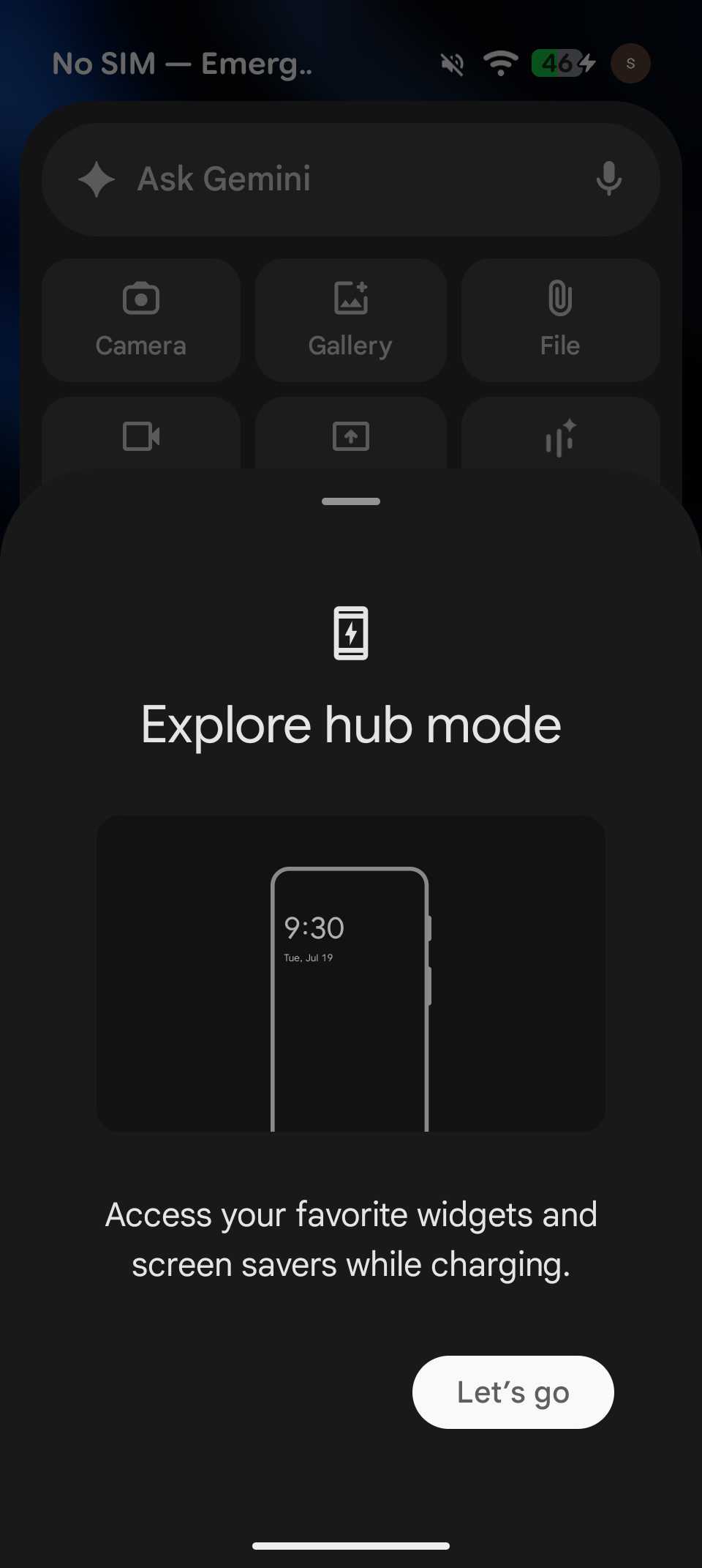 Pantalla de introducción al modo Hub que muestra el modo de carga con widgets y salvapantallas