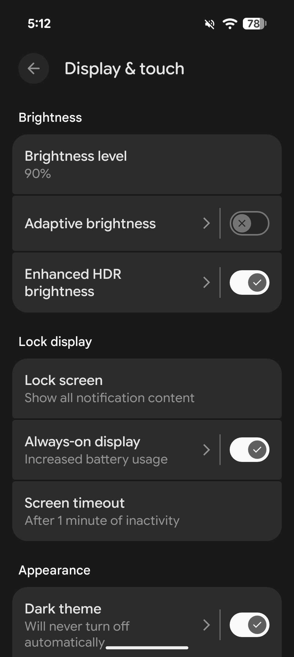 Configuración de pantalla y toque en Android