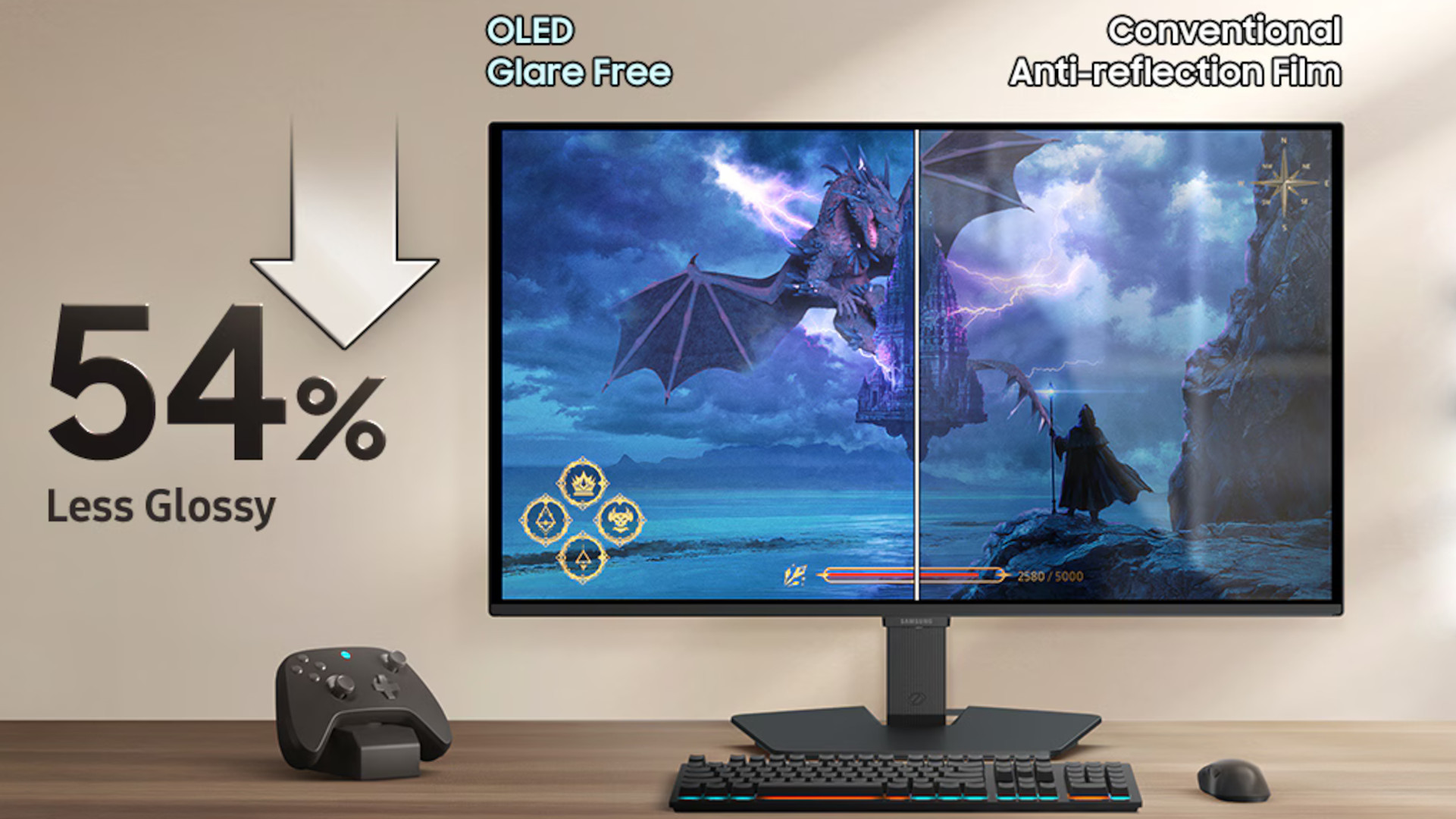 Imagen promocional del monitor gaming Samsung Odyssey OLED G5 G50SF, explicando las ventajas de su pantalla Glare Free.