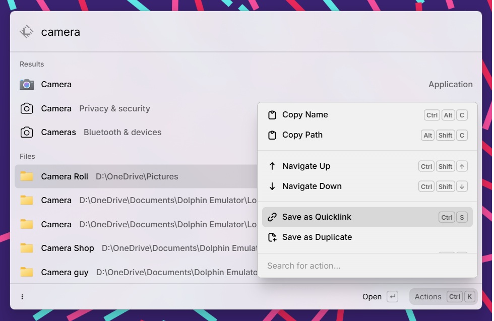 Funcionalidad Raycast QuickLink, que guarda la carpeta Camera Roll