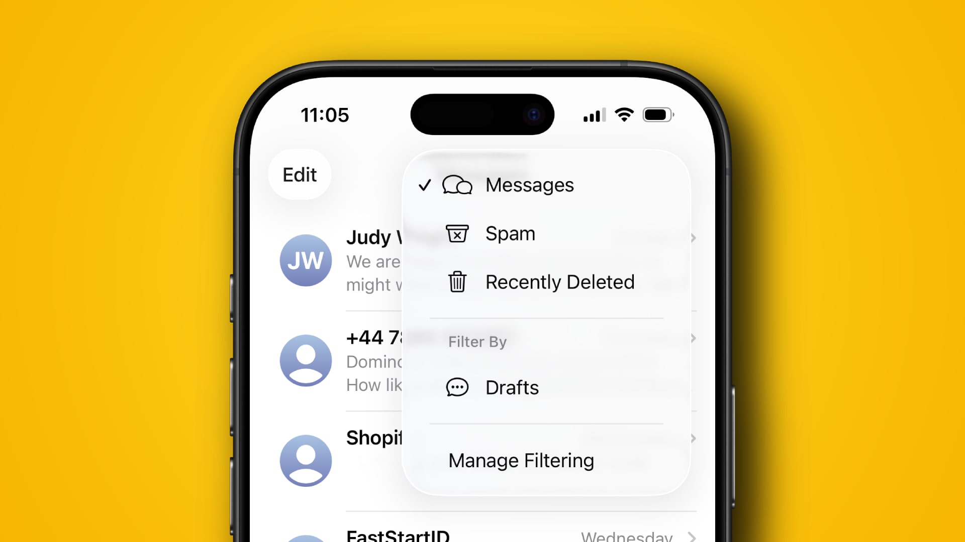 La aplicación Mensajes en iOS 26 muestra un menú de filtro.