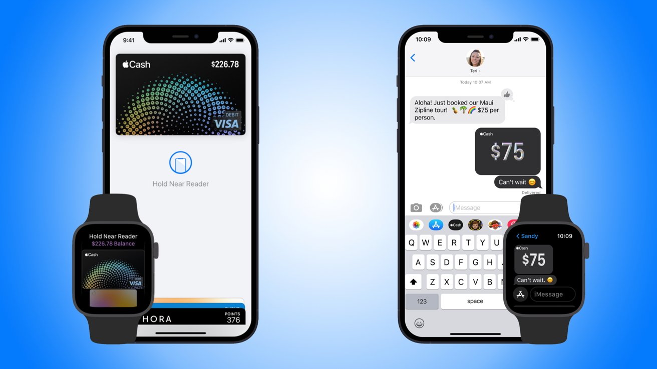 Dos iPhones y dos Apple Watches muestran Apple Cash: una pantalla de pago sin contacto a la izquierda, $75 enviados en una conversación de iMessage a la derecha, sobre un fondo azul degradado.