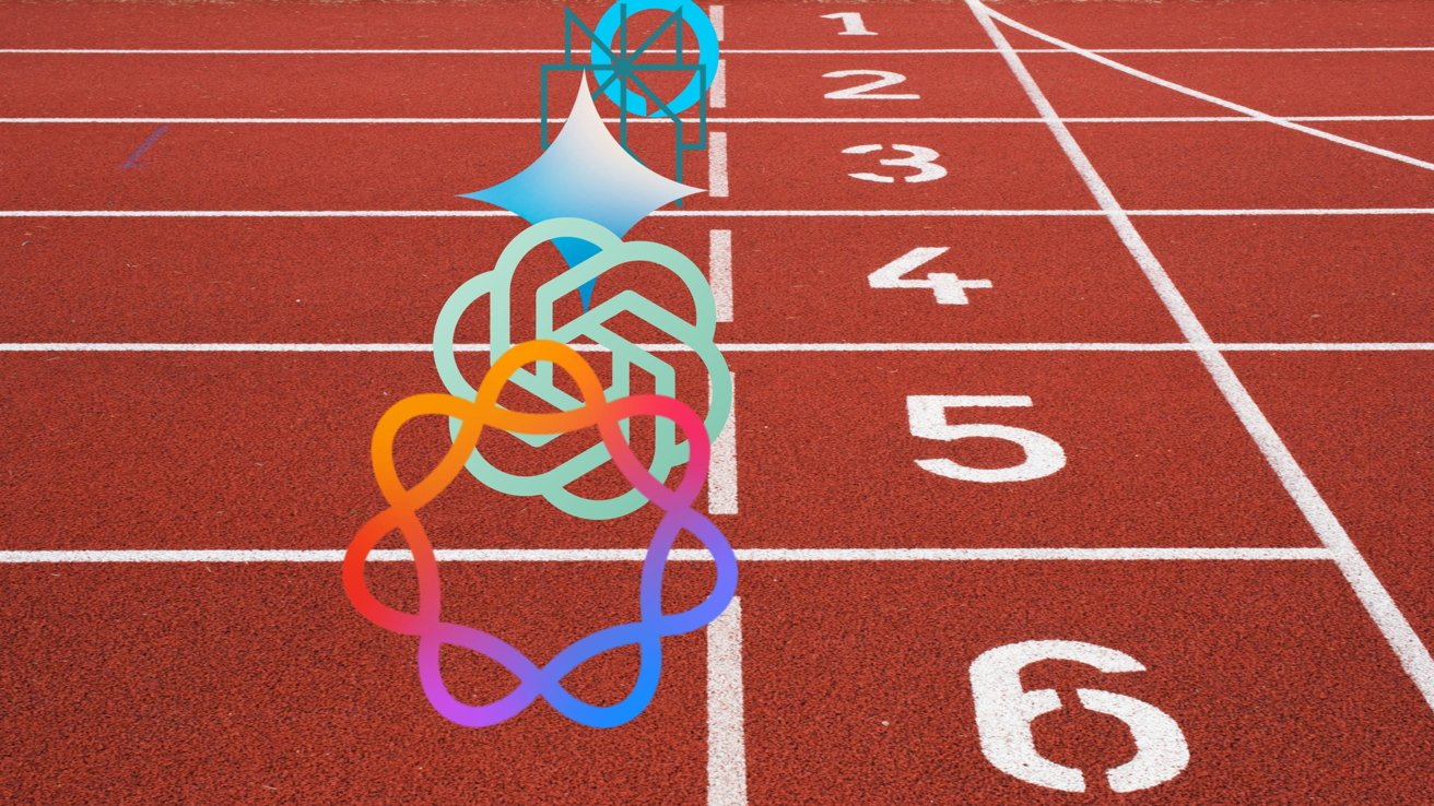 Todos los logotipos de empresas de IA compitiendo en la línea de salida de una pista de carreras