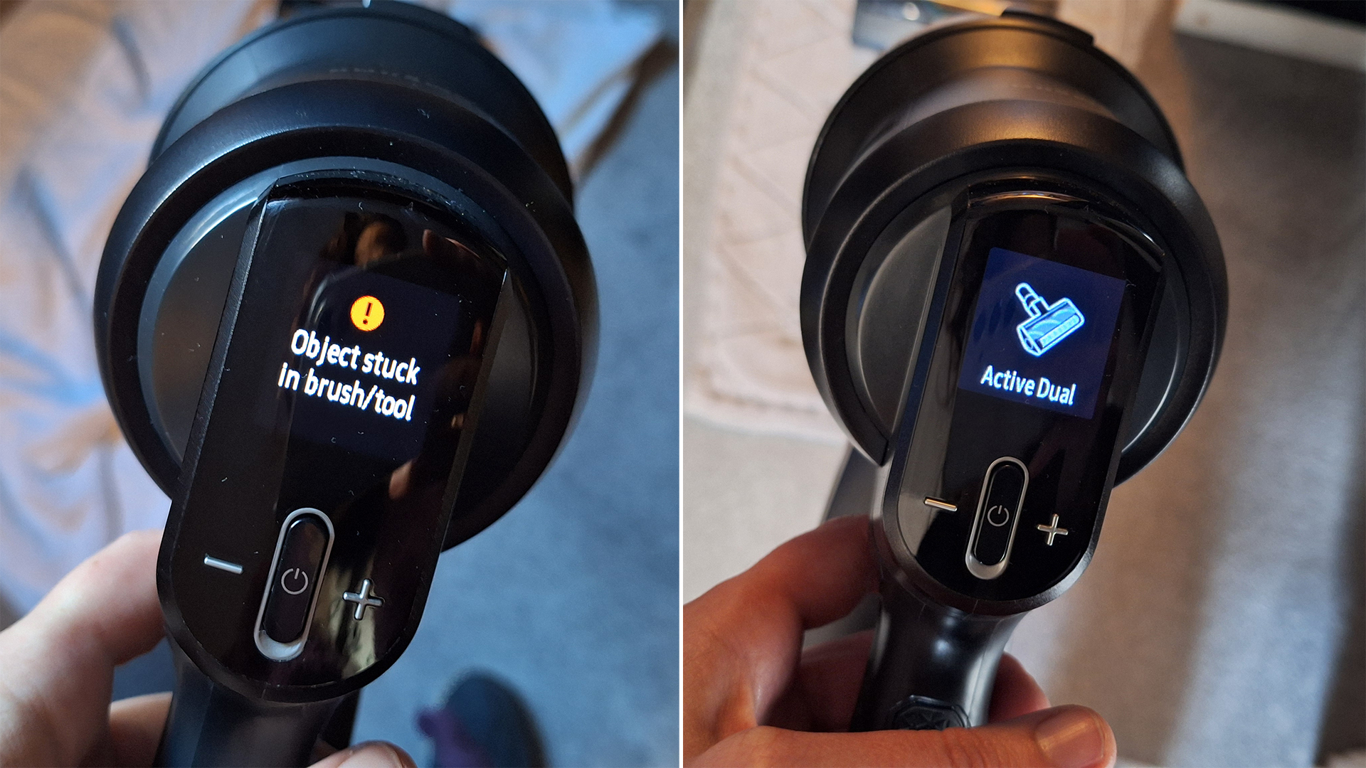 Pantalla de información de Samsung Bespoke AI Jet Ultra que muestra un mensaje de bloqueo