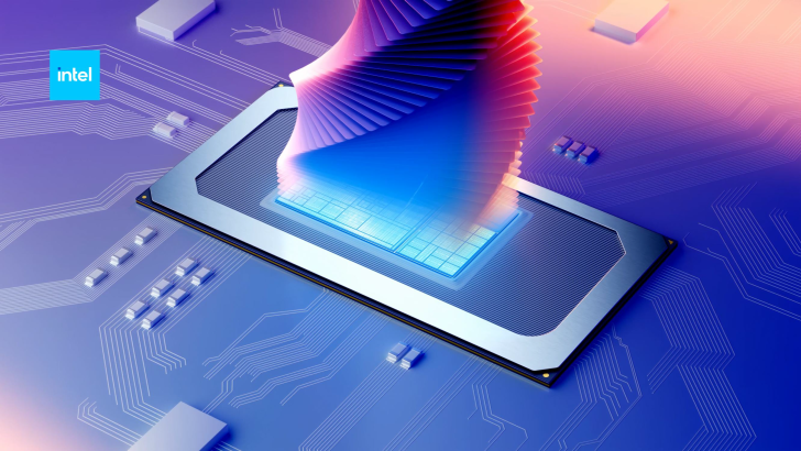 Logotipo de Intel junto a un diseño de procesador futurista en una placa de circuito.
