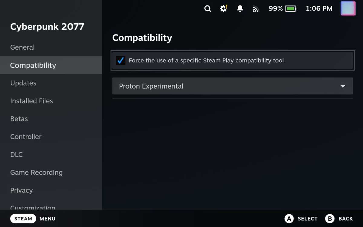 Opciones de compatibilidad de Proton en Steam Deck