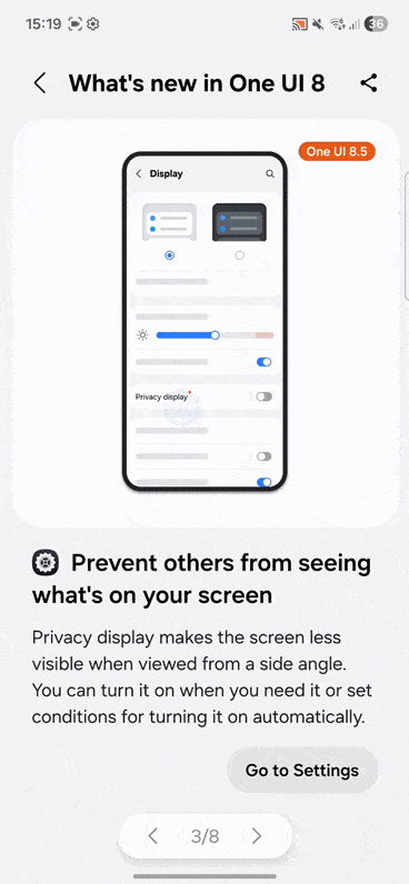 Un gif de cómo acceder a la función Rumored Privacy Display en el Samsung Galaxy S26 Ultra como se encuentra en la aplicación Consejos