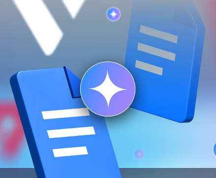 Íconos de Google Docs flotando alrededor del logotipo de Gemini.