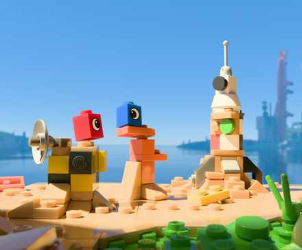 Dos ladrillos de Lego se encuentran en una playa en el arte clave de Lego Voyagers