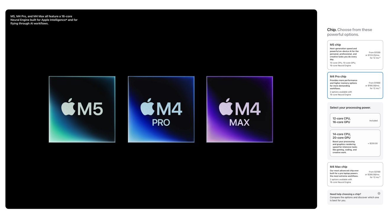 Tres íconos brillantes de chips de silicio de Apple etiquetados como M5, M4 Pro y M4 Max sobre un fondo negro, con una barra lateral que enumera descripciones de chips, opciones de potencia de procesamiento y precios.