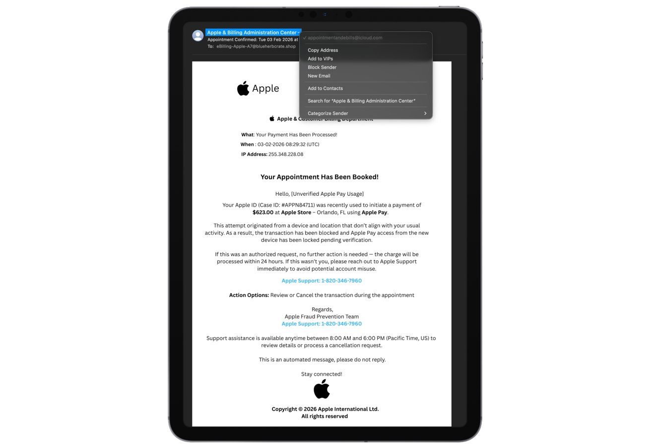 La pantalla de una tableta que muestra un correo electrónico de confirmación de pago de Apple aparentemente fraudulento sobre un pago de Apple Pay de $623 y una cita reservada, con el menú de opciones de información del remitente abierto en la parte superior.