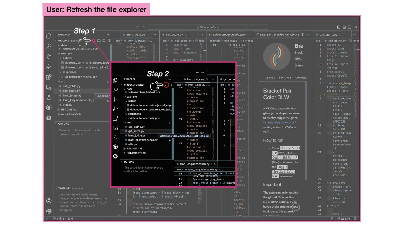 Una ventana de VS Code con el explorador de archivos abierto, resaltando los pasos para actualizar el explorador de archivos usando el ícono de actualización, que se muestra ampliado en un espacio de trabajo de codificación con tema oscuro.