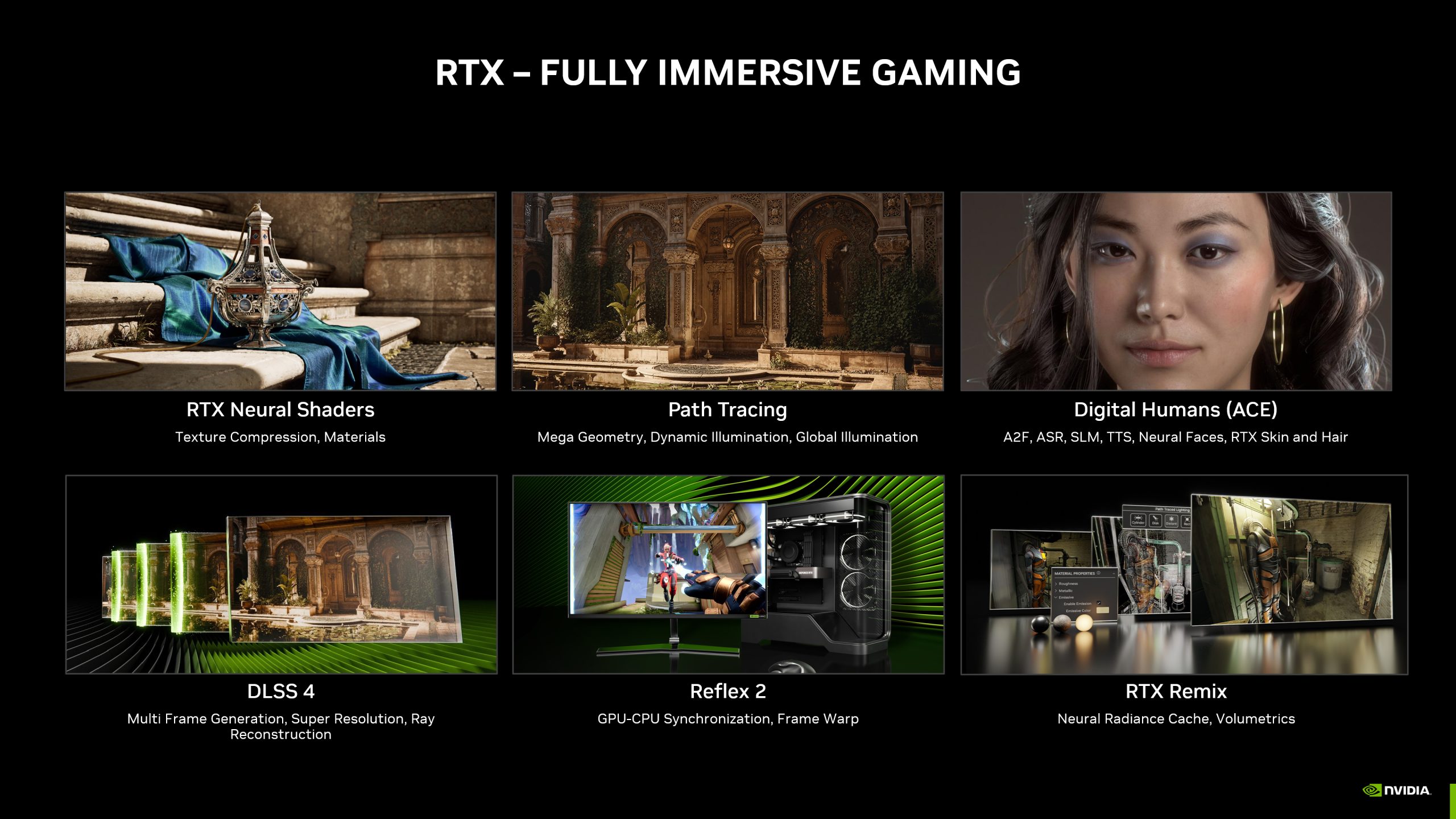 Una diapositiva de presentación titulada 'RTX – JUEGOS TOTALMENTE INMERSIVOS' muestra tecnologías NVIDIA como 'RTX Neural Shaders', 'Path Tracing', 'Digital Humans (ACE)', 'DLSS 4', 'Reflex 2' y 'RTX Remix' con descripciones de cada característica.