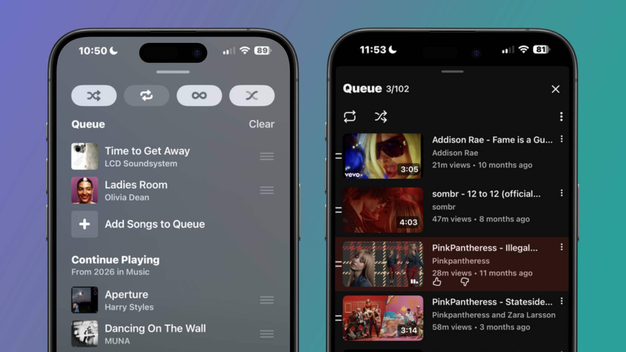 Dos smartphones que muestran los sistemas de colas de Apple Music y YouTube