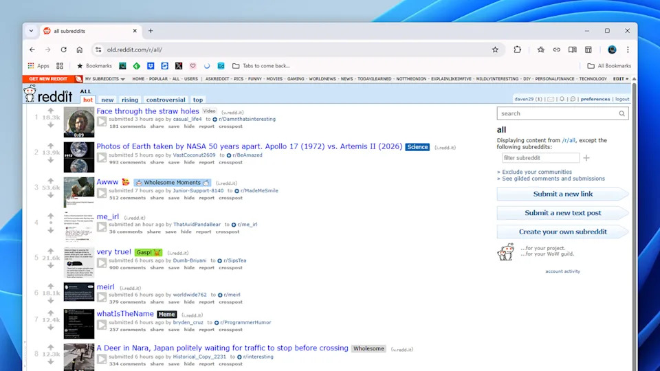 La antigua interfaz de Reddit