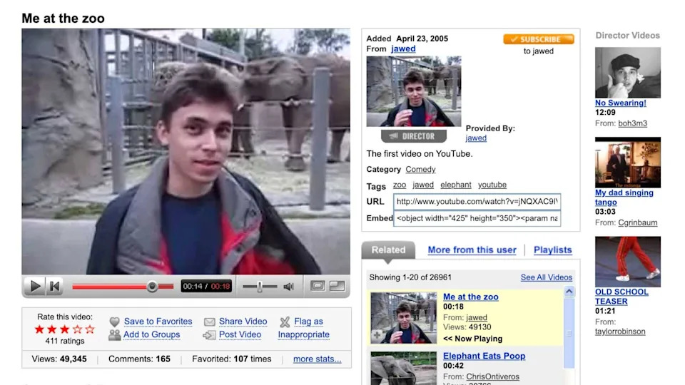 Una imagen de la primera página de visualización de YouTube que muestra el primer vídeo subido a la plataforma.