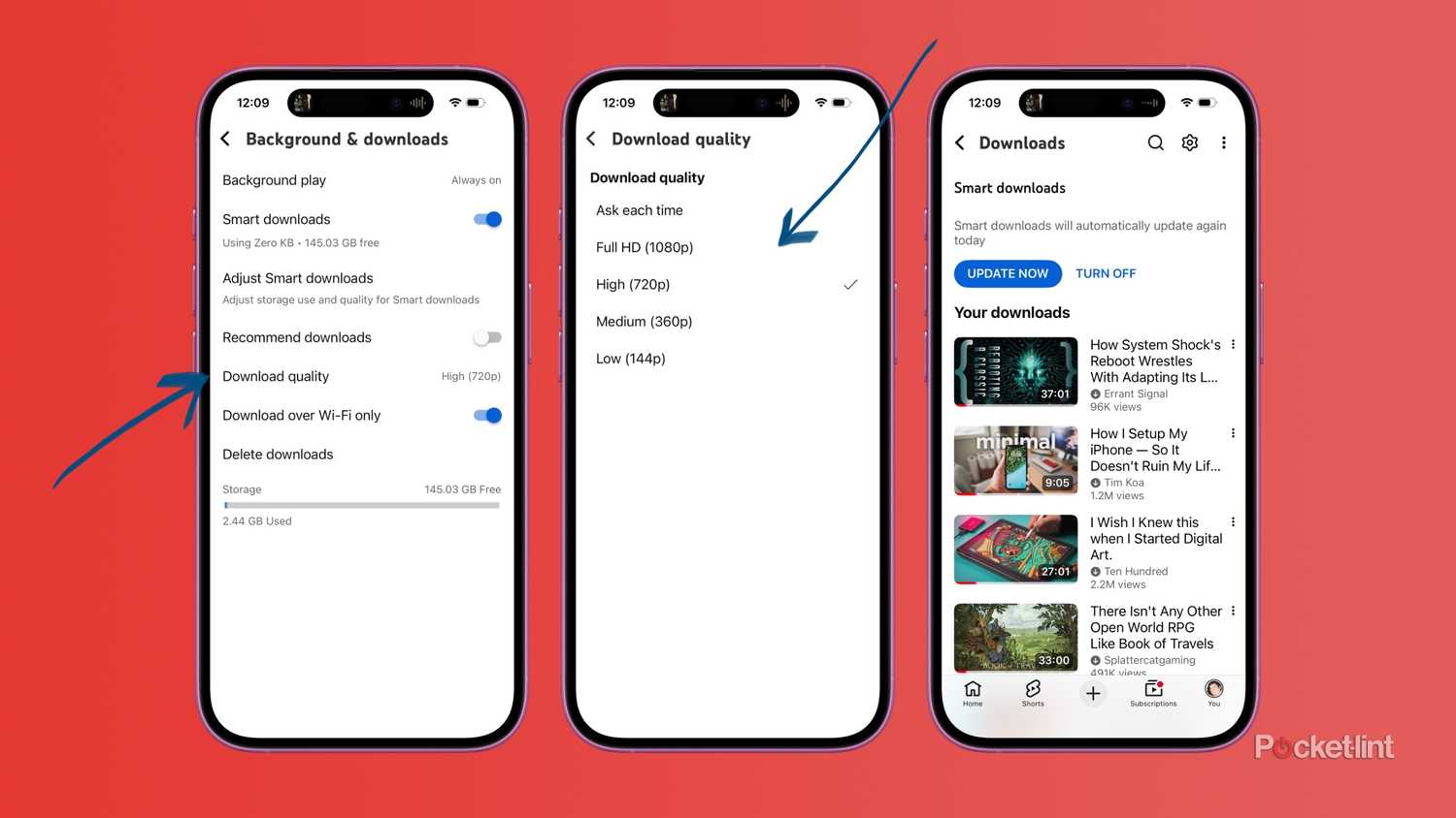 Tres capturas de pantalla de la configuración y páginas de descarga de la aplicación YouTube.
