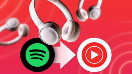 Auriculares entre el logotipo de Spotify y el logotipo de YouTube Music con una flecha que apunta de Spotify a YouTube Music sobre un fondo rojo